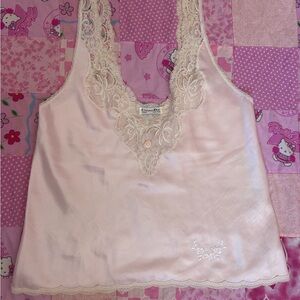 Vintage Christian Dior light Pink Tank Top- White Lace Neckline & Satin Bodice S